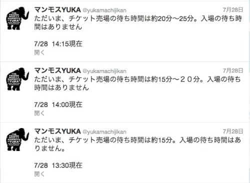 マンモスYUKA公式ツイートで混雑状況が分かります