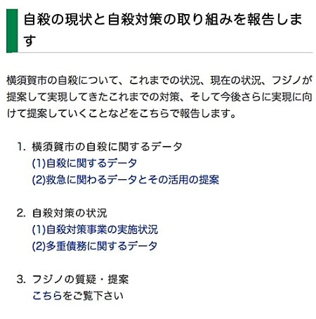 現在のフジノブログでの「横須賀市の自殺対策の実施状況」コーナー