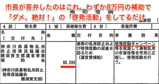 市長が答弁したのは、2014年度予算にも計上されている「横須賀市唯一の薬物対策予算」で8万円の補助