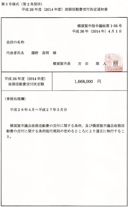 平成26年度政務活動費交付決定通知書