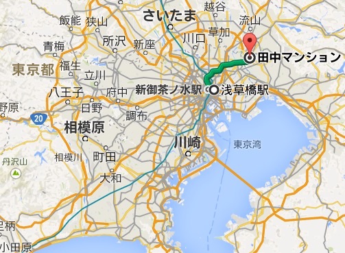 浅草橋〜松戸。同縮尺の上の地図と比べると、松戸がめちゃくちゃ近くにある！