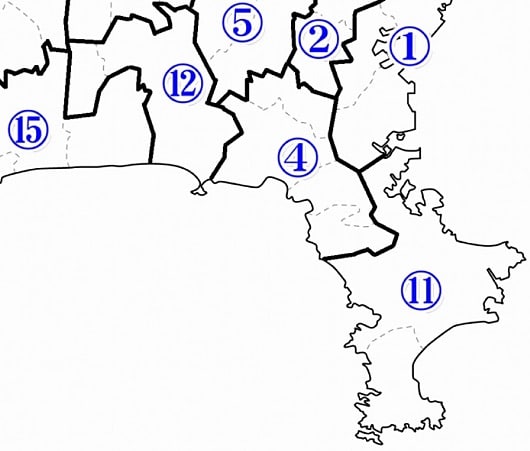 神奈川県内が地域ごとに「選挙区」に分けられて、番号が付けられています