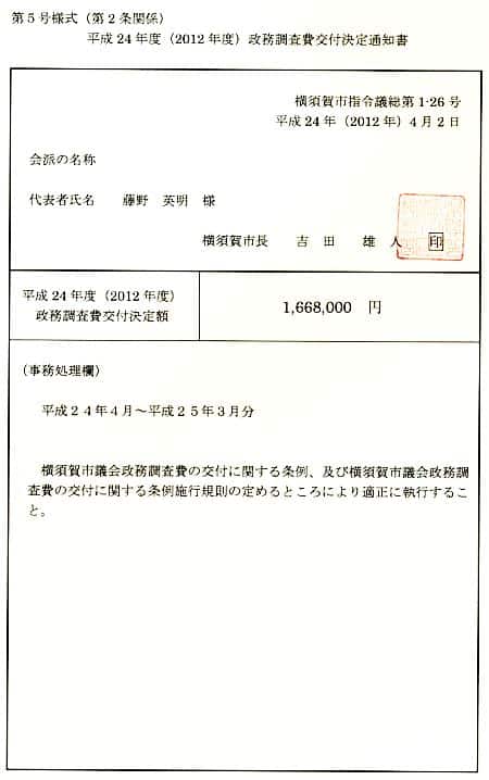 2012年度政務調査費交付決定通知書