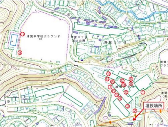 浦賀中学校の埋設場所と測定地点