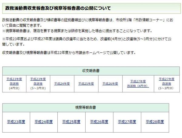 横須賀市議会ホームページでは「政務活動費収支報告書」を公開しています