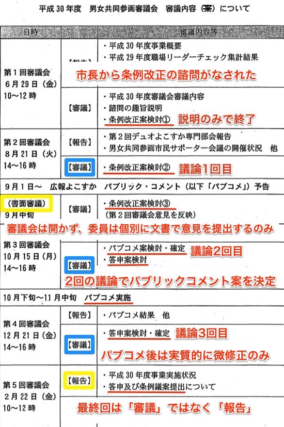 「配布資料4・平成30年度男女共同参画審議会・審議内容」文字や枠はフジノが追記したもの