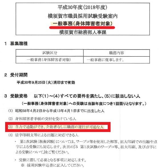 2018年に実施した市職員採用試験でも身体障がいだけを対象にしています