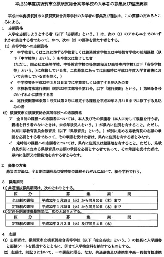 2020年度横須賀市立横須賀総合高校の入学者の募集及び選抜要項