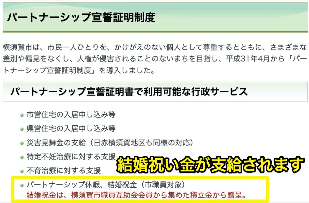 横須賀市HPにも「結婚祝い金の支給」が明記されました