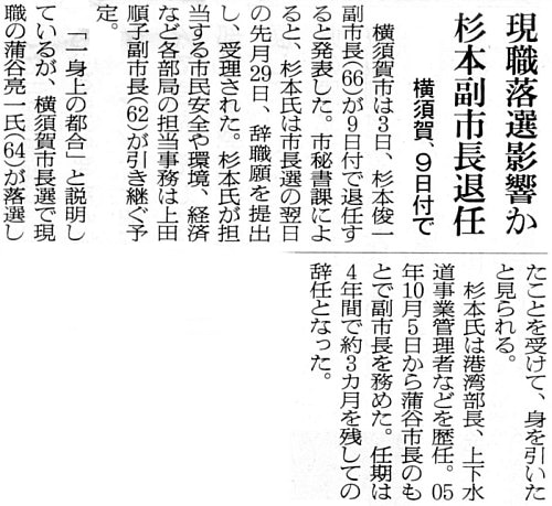 杉本副市長の退任を報じる朝日新聞の記事