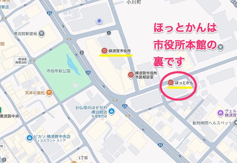 横須賀市役所ほっとかんの地図